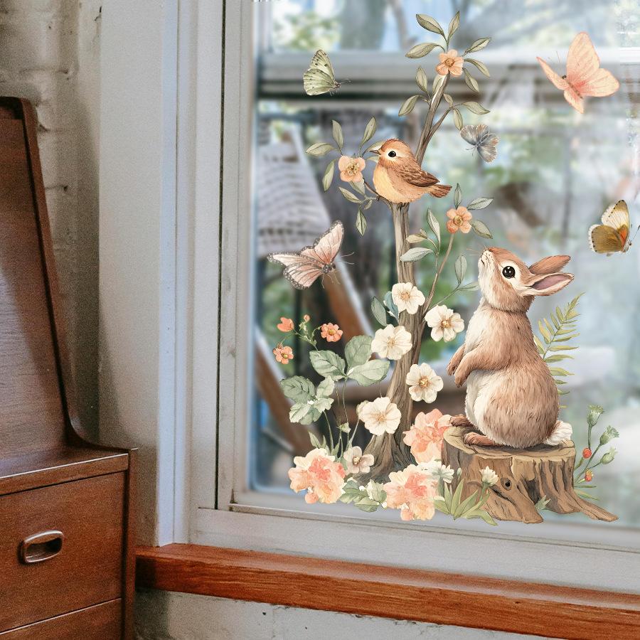 Static Cling Window Sticker Cartoon Rabbit Flower Bird Butterfly Double Sided Visible Glass Home Decor