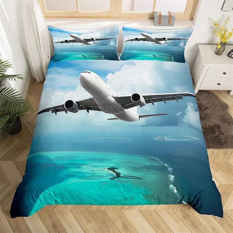 3D Airplane Duvet Cover King Aircraft Transportation Bedding Set Microfiber Globe Comforter Cover Helicopter Decor Quilt Cover