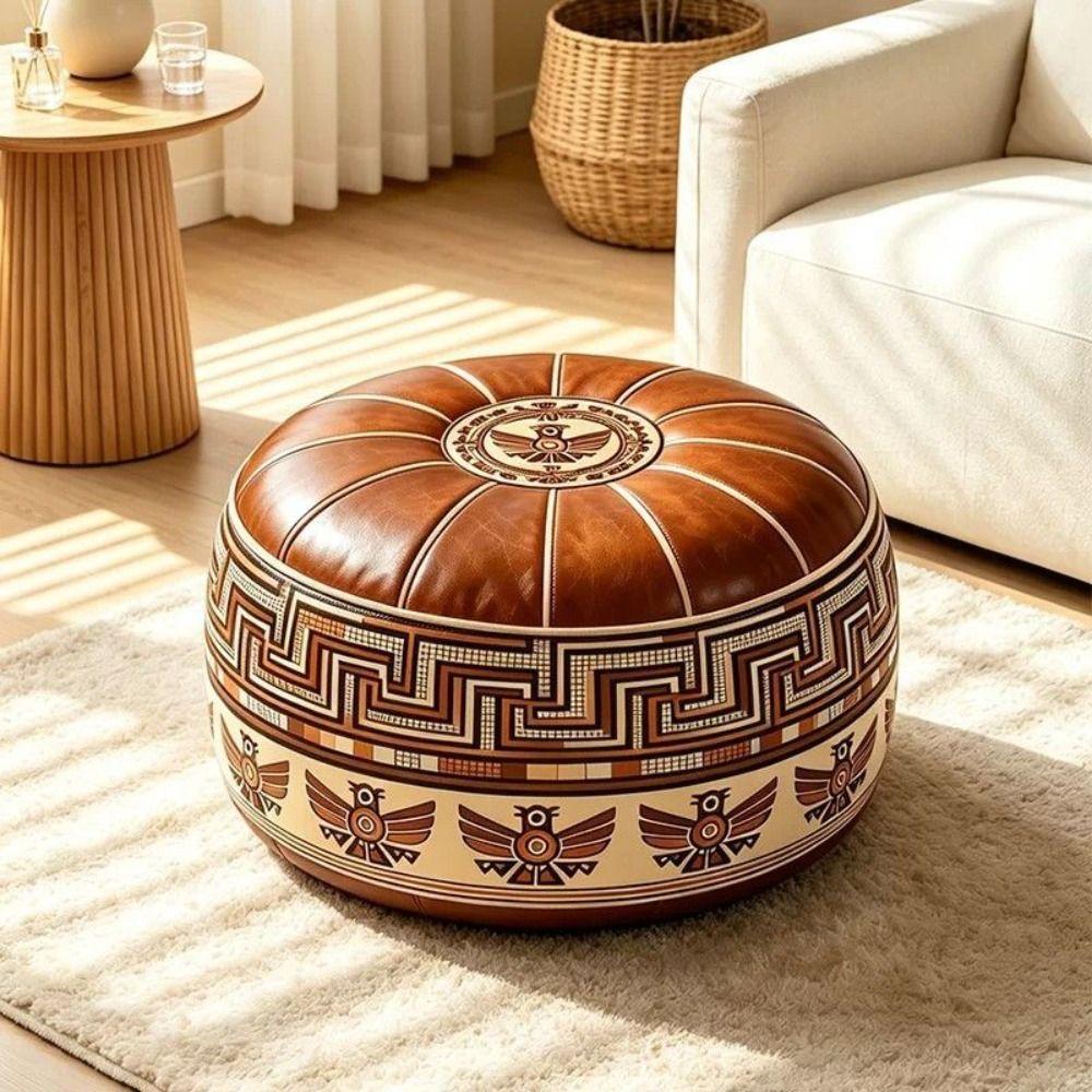Fillable Round Ottoman Stool Vintage Style Storage Ottoman Pouf Footstool Cover Entryway Seating