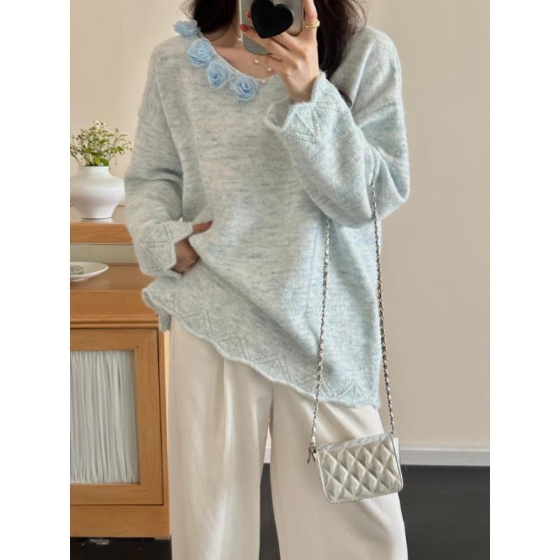Early Autumn New Three-dimensional Flower Design Sweater Pullover Soft Waxy Loose Gentle Wind Knitted Sweater Top Women