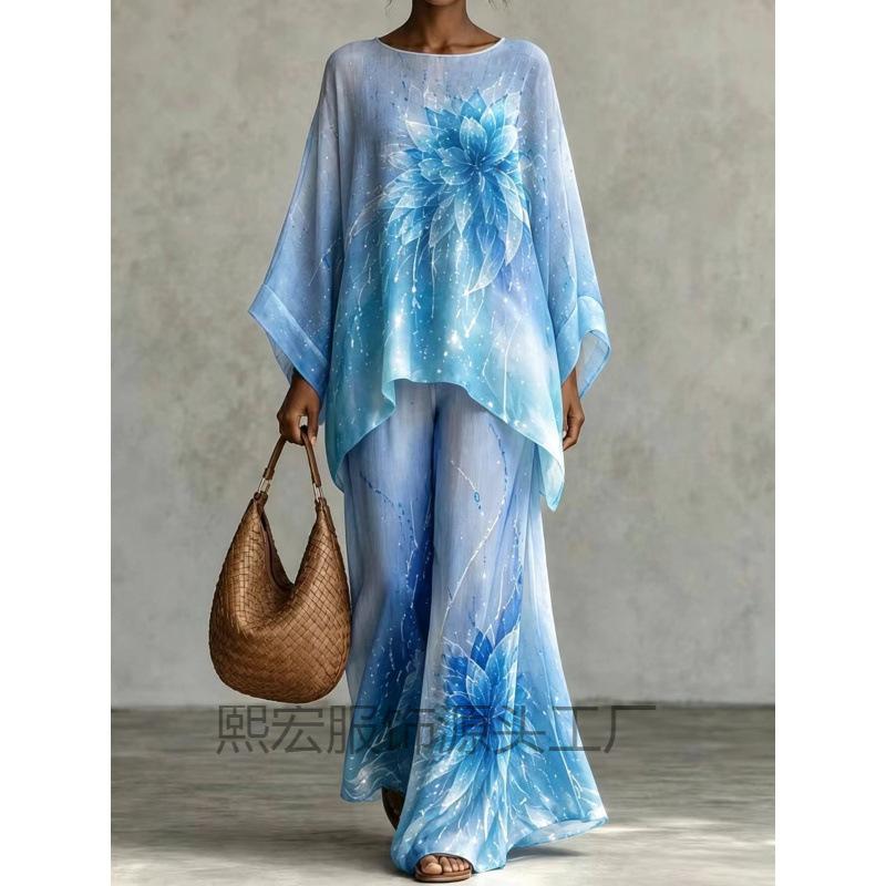 European and American loose bat sleeve top + wide-leg trousers set 1116 European and American women's clothing two-piece set