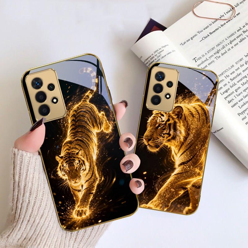 The Tiger of Strength For Samsung A 01 52S A04 A05S A10 A12 A13 22 23 24 36 42 M02 Note 10 20Ultra 8 9 Golden Glass Phone Case