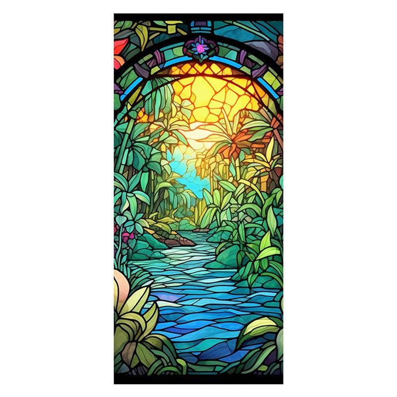 45x100cm Vitraliu Colorat Plantă Tropicală Floare Film pentru Ușă Fereastră PVC Adsorbție Statică Autocolant Sticlă Decor Acasă Decal Detașabil