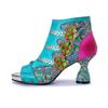 Johnature Handmade Embroidered Flower High-heeled Sandals Genuine Leather Peep Toe Women's Shoes