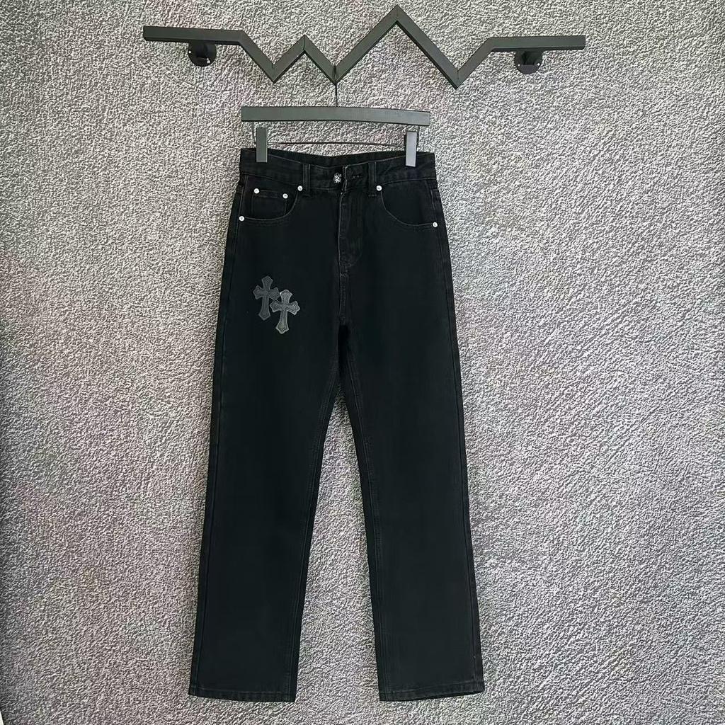 9930 CHROME HEARTS Men's and Women's American Style Trendy Jeans with Fabric Patches, Casual and Fashionable High Street Pants