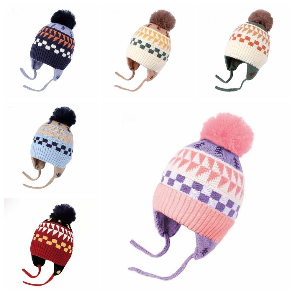 Jacquard Baby Knitted Hat Hairball Kids Earmuffs Cap Fashion Children Beanies Cap  Windproof