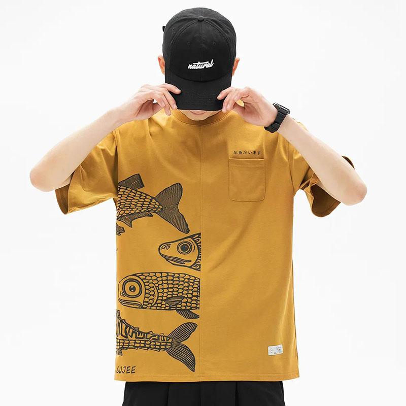 Japanese Cotton T-shirts Mackerel Print Patchwork Tees Summer Oversized O-neck Short Sleeve Casual Shirts Men Clothing