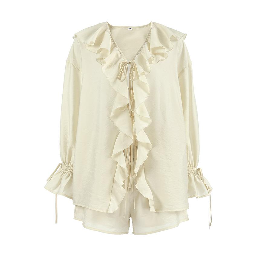 Women's Spring and Summer Design Ruffle Fashion Casual Tie Cardigan Top Shorts Suit