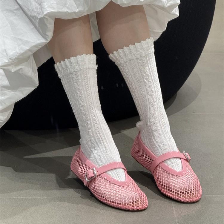 European and American Spring and Summer New Fashionable Hand-woven One-word Buckle Shallow Mouth Flat-bottomed Ballet Shoes Hollowed Out