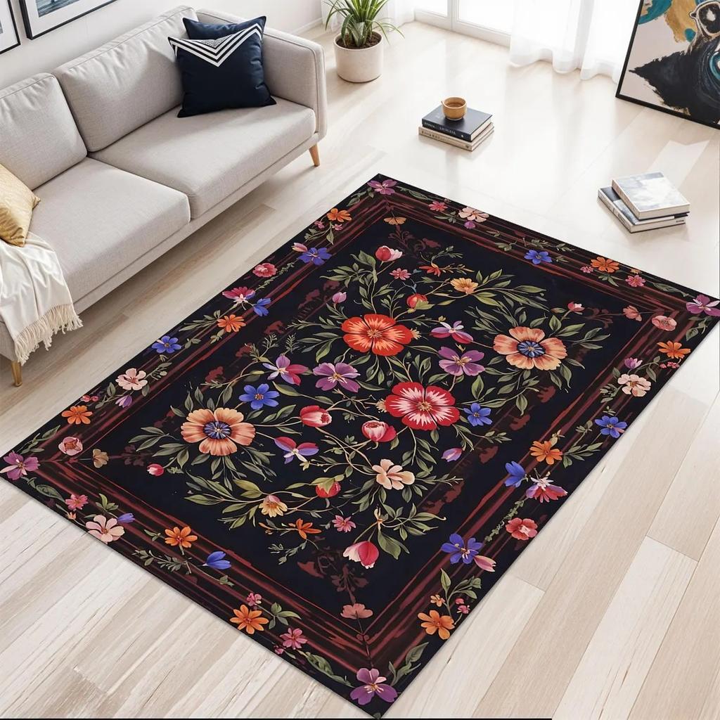 Floral Botanical Rug, Cottagecore Garden Aesthetic Rug, Blooming Flower Print Carpet, Shabby Chic Delicate  Floral Floor Mat