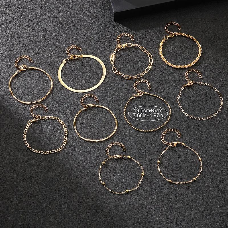 10 Pcs Gold Color Flat Snake Chain Box Chain Bracelet Multi-layer Stackable Metal Bracelet Women's Jewelry Gift Set