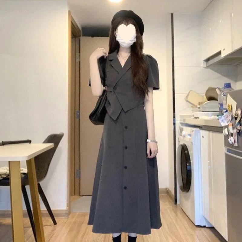 Summer New Gray Large Size Dress Women's Korean Wear Two-piece French Thin Temperament Versatile Medium and Long Dress