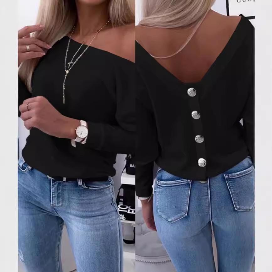 Herbst Damen Rückenfreies Langarm-Top mit Rückenknopf