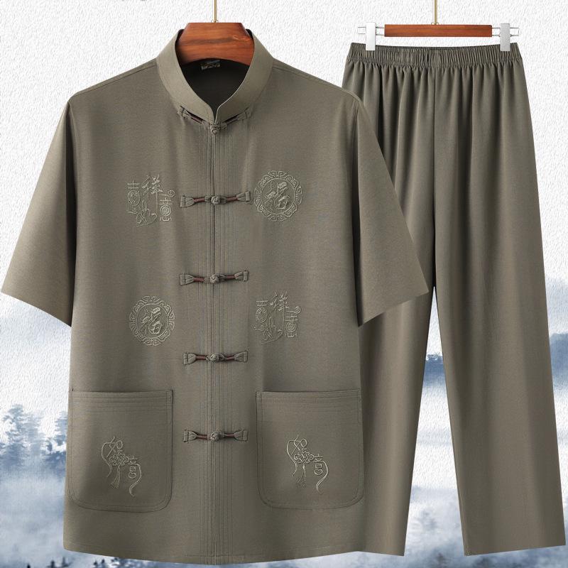 Men's Summer Ice Silk Tang Suit Short-Sleeve Chinese Shirt for Dad and Grandpa