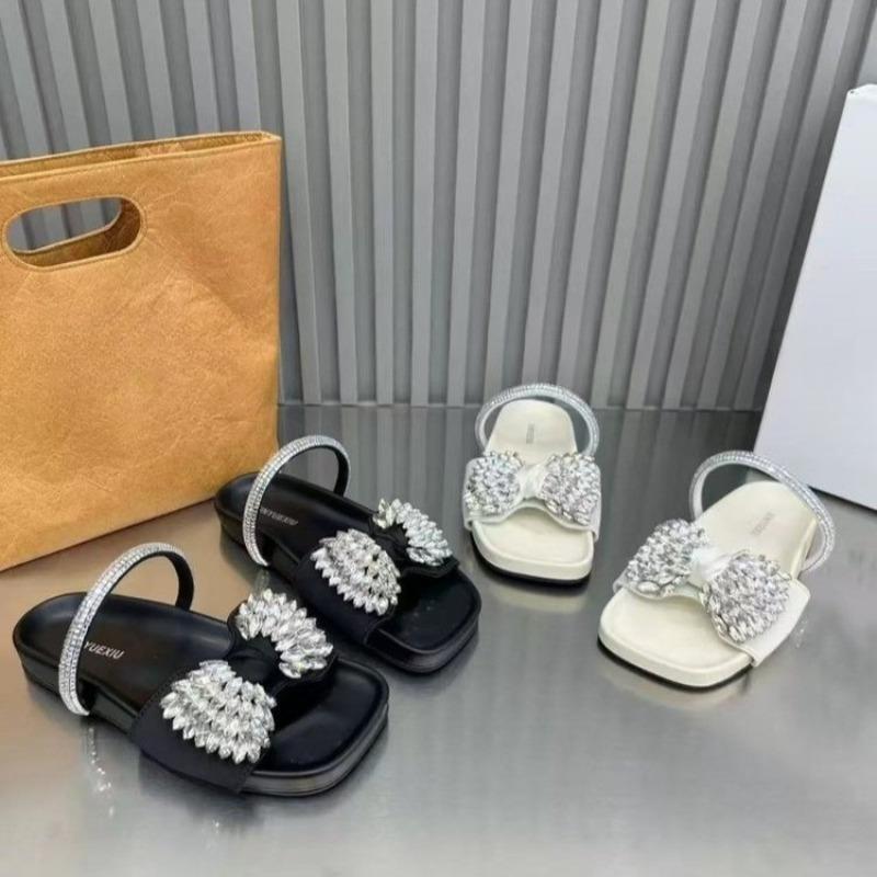 Summer New Rhinestone Bow Outside Wear Half Slip Women's Fashion Square Toe Open Toe Platform Soft Slip Flats