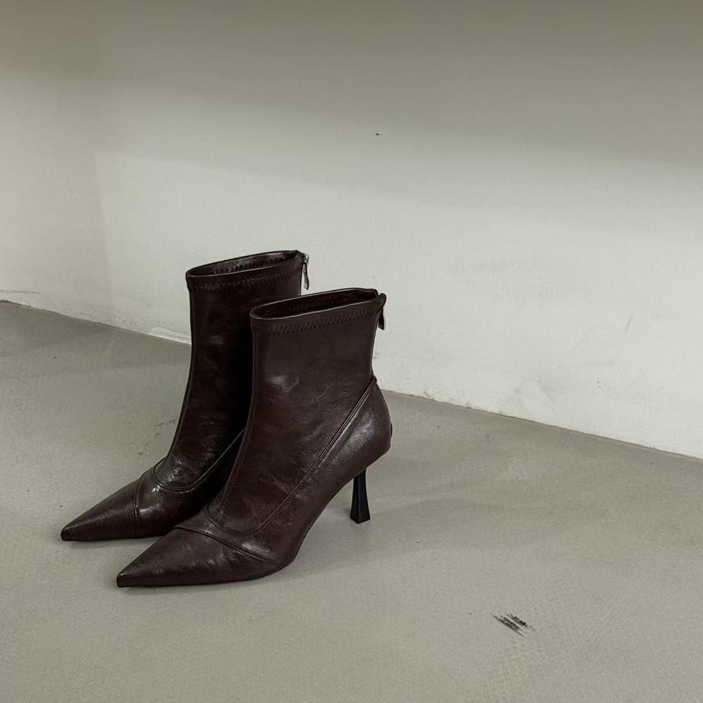 French pointed thin heel short boots women's autumn and winter high heel thin boots temperament brown leather zipper ankle boots
