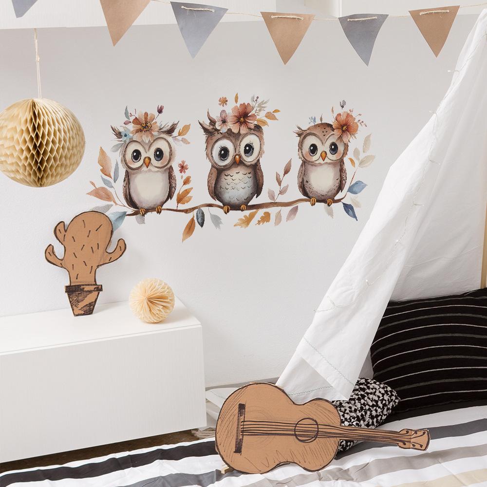 Cute Cartoon Owl On Branch Wall Stickers, Self-Adhesive Decor for Kids Bedroom Entryway Home Decoration
