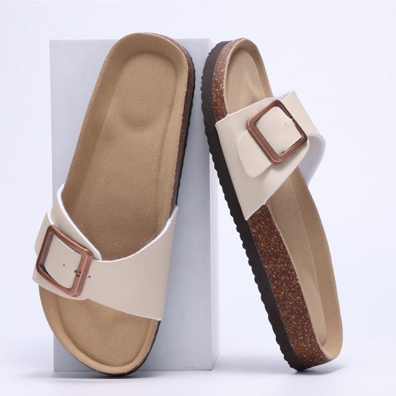Modische Crestar Damen Sommer Kork Pantoletten 2025 Neu Outdoor Strand Flip Flops Modische Leder Orthopädische Sandalen mit Verstellbarer Schnalle