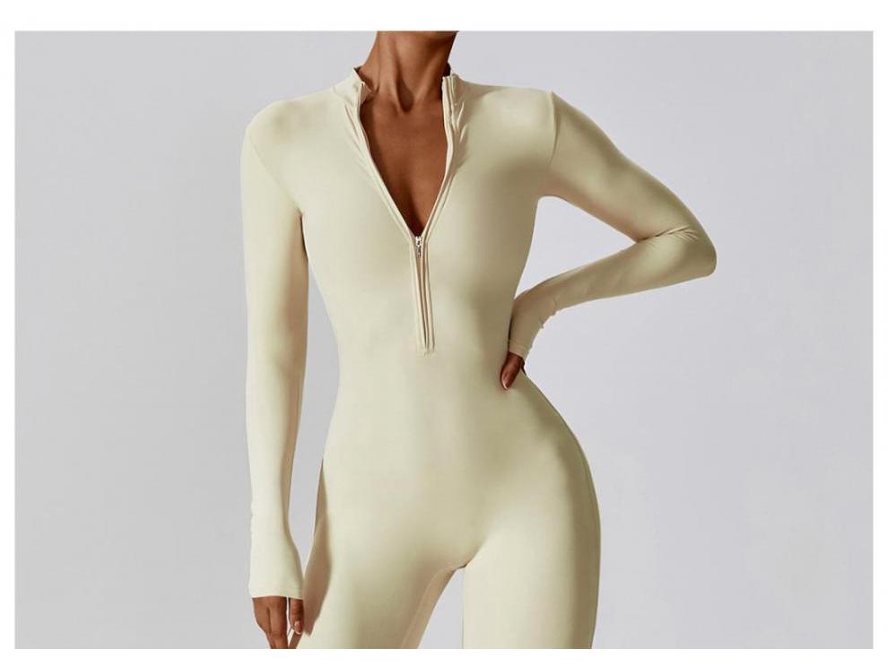 Autumn Long Sleeve Zipper Bodycon Butt-Lifting Bodysuit Yoga & Running Pants for Women - Black