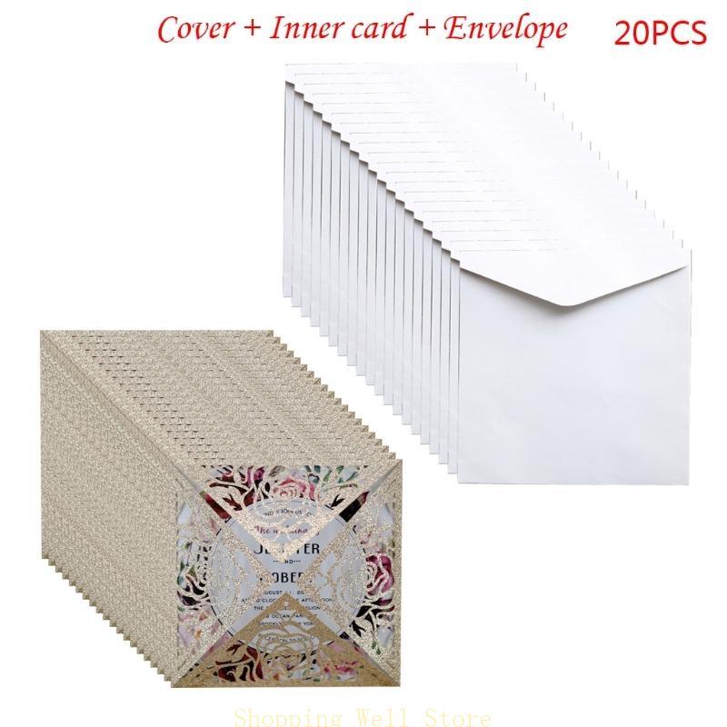 KX4B 20pcs/set Wedding Invitations Cards Glitter Rose Flower Greeting Card Invite Envelopes Bridal Shower Supplies