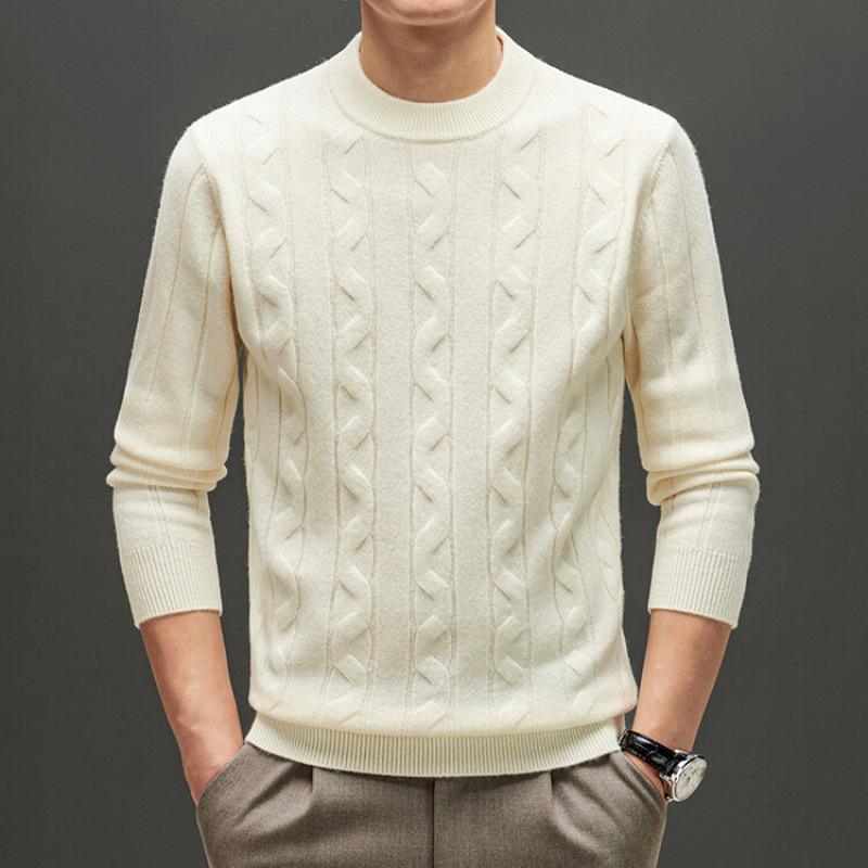 Men's Thick Cable Knit 100% Wool Sweater - Warm and Casual Autumn/Winter Base Layer Knitwear
