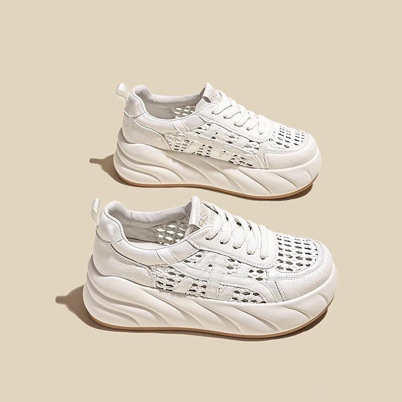 Summer New Hollow Leather Thick Sole Height Increase 6cm Fashion Casual Shoes Women's Versatile Breathable Sports Shoes