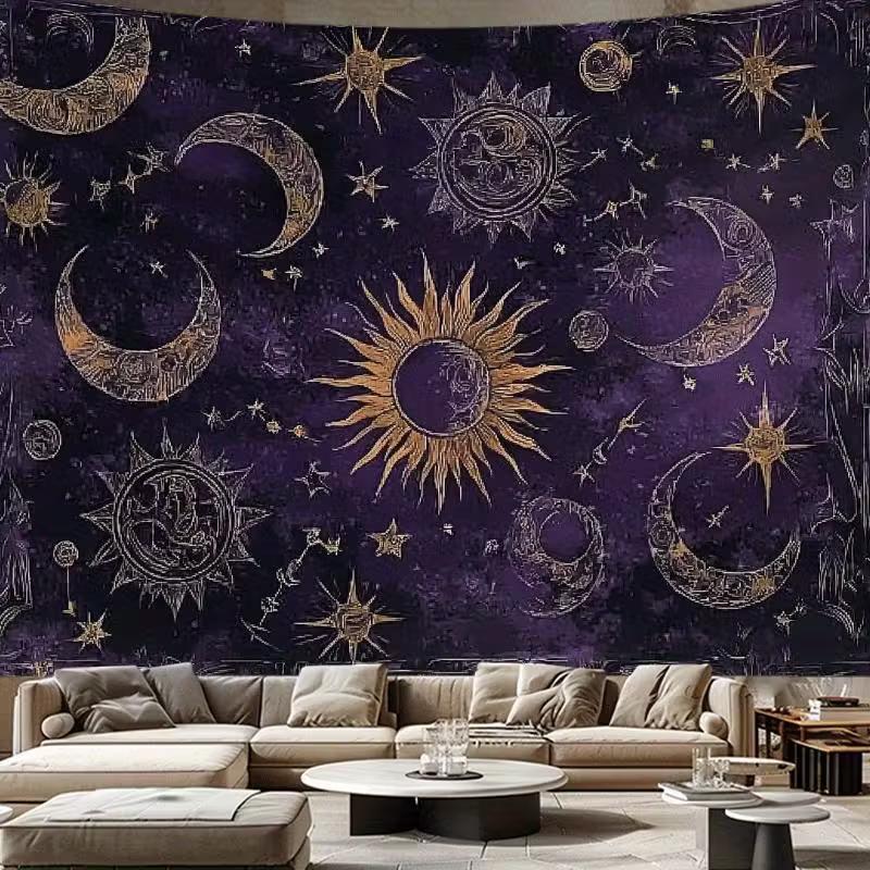 2D Purple Sun Moon Tapestry Vintage Celestial Wall Hanging Decor 47.2x31.5inch/120*80cm