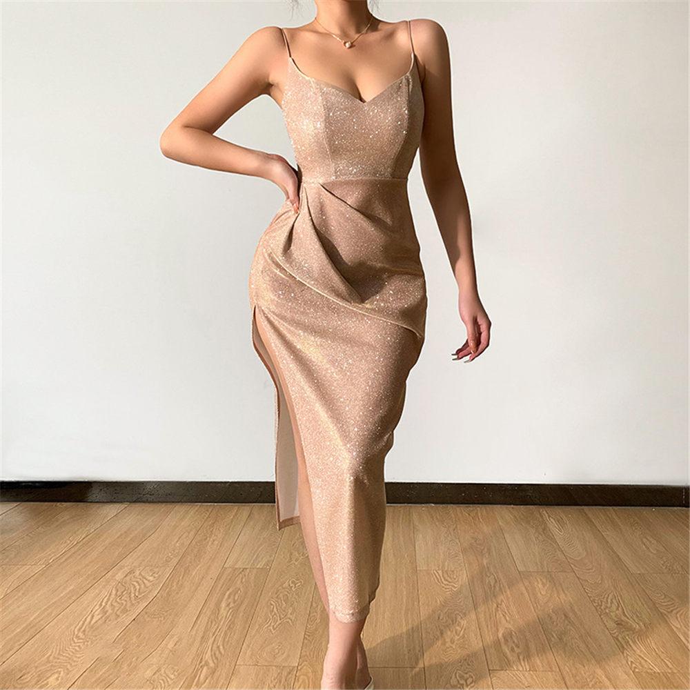 Women Sexy Glitter Sequins Dress Elegant High Slit Spaghetti Straps Bridesmaid Dress for Party Gown Evening Prom
