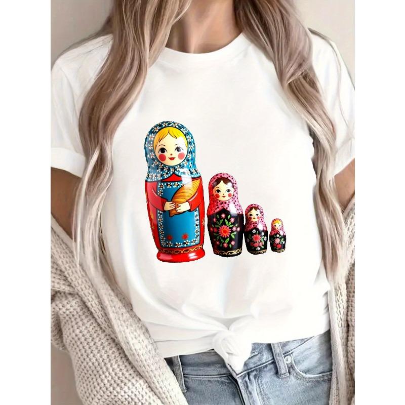 Women's Colorful Russian Matryoshka Print T-Shirt Casual Crew Neck Short Sleeve Summer Top