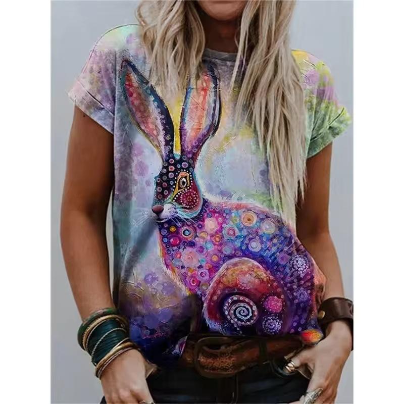 Rabbit Print Women's Top Crew Neck Short Sleeve Comfortable T-Shirts Women’s