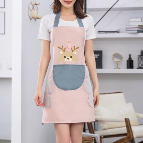 HUQIDAO Waterproof Apron Set of 2, Neck-Hanging Cafe Apron, Stylish H-Shaped Apron with Pockets, Adjustable, Solid Color, Cafe Style, Unisex (Pink and