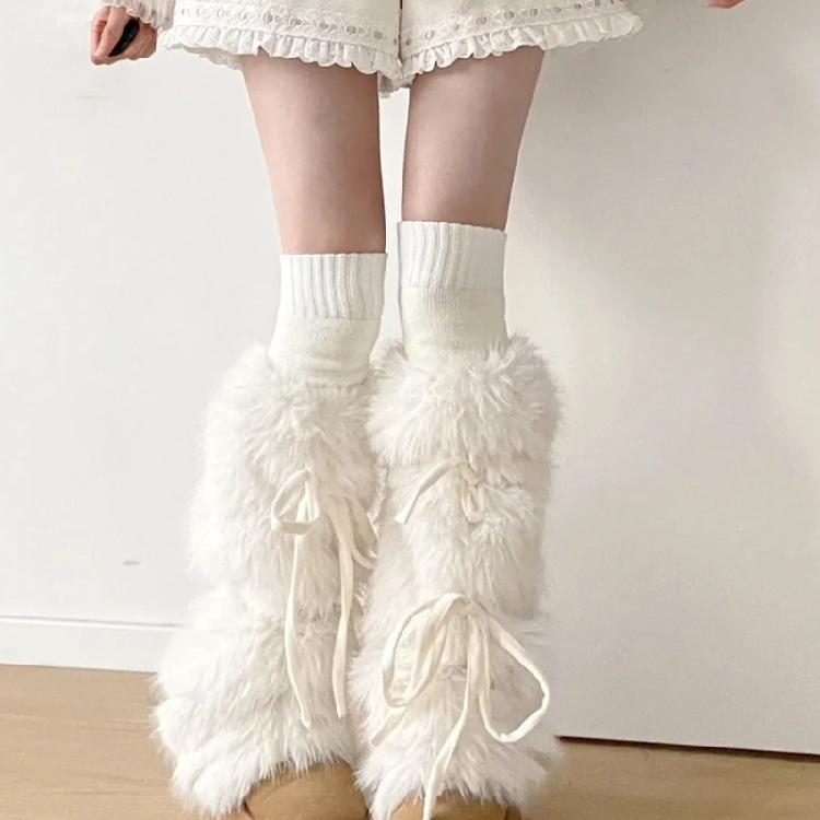 Dámské chlupaté bílé návleky na nohy Ponožky Harajuku Mašle s uzlem Kryty na legíny a boty