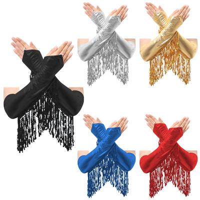 Metallische Opernhandschuhe für Erwachsene mit ellenbogenlangen Quastendetails für Bühnenauftritte oder Cosplay-Events