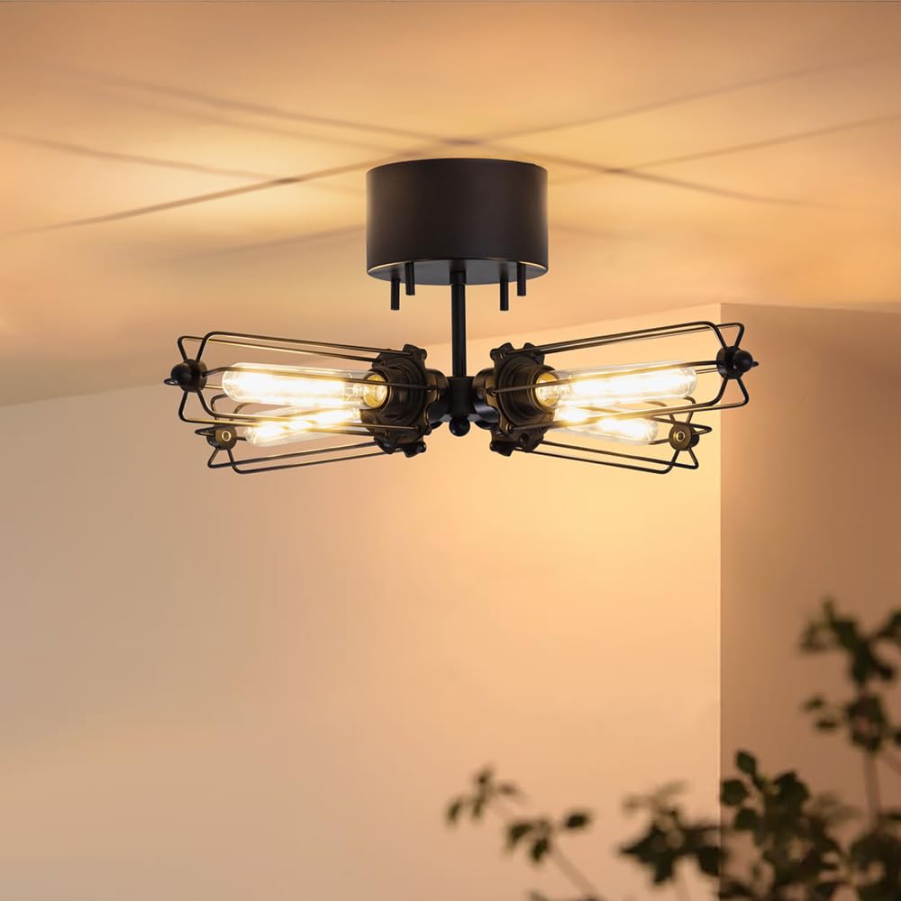 Nordic style ceiling LED for living dining black 4-light light, stylish, antique-style lighting, simple, compatible, cafes, children's rooms,