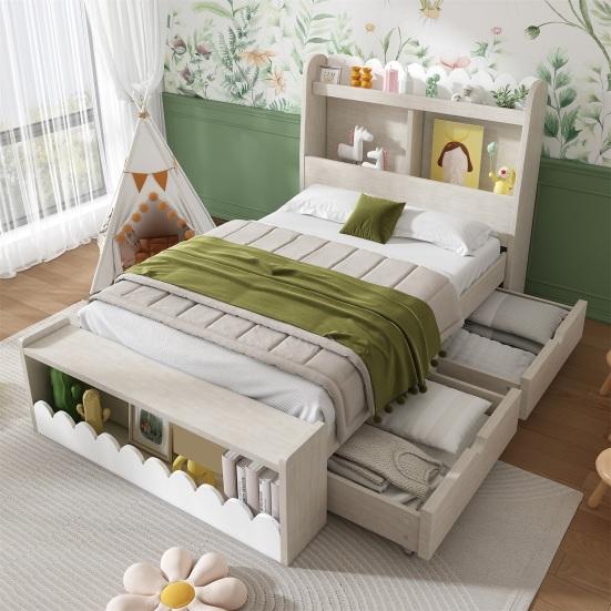 Children Bed Single Bed Storage Bed with Drawers, Shelf And Bench with Storage Space, Wooden Bed 90x200cm, Bed Frame And Slatted Frame Made of Wood,