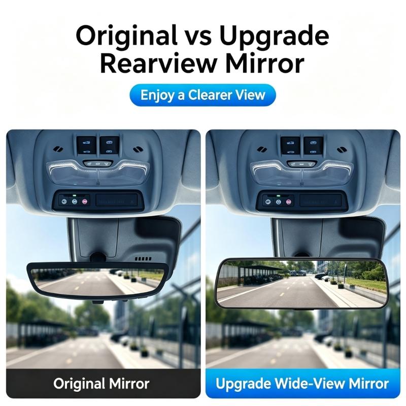 Universal Replacement Inside Car Mirror, Black Rear View Mirror with Suction Cup Mount, Adjustable Bracket, and 22 x 6 cm Mirror Panel Area Use