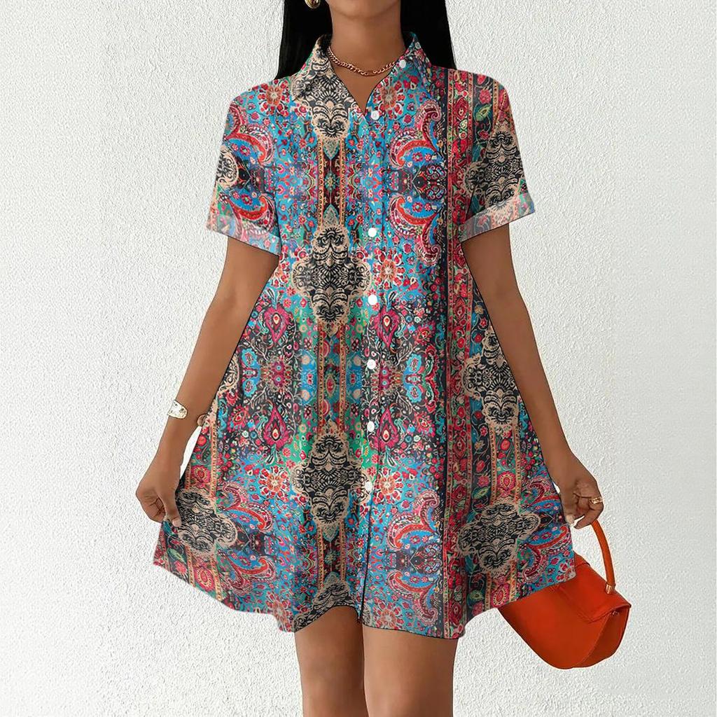 Women's Casual Loose Fit Shirt Dress Button Front Stand Collar Short Sleeve Polka Dot Patterned Dress for Everyday Wear