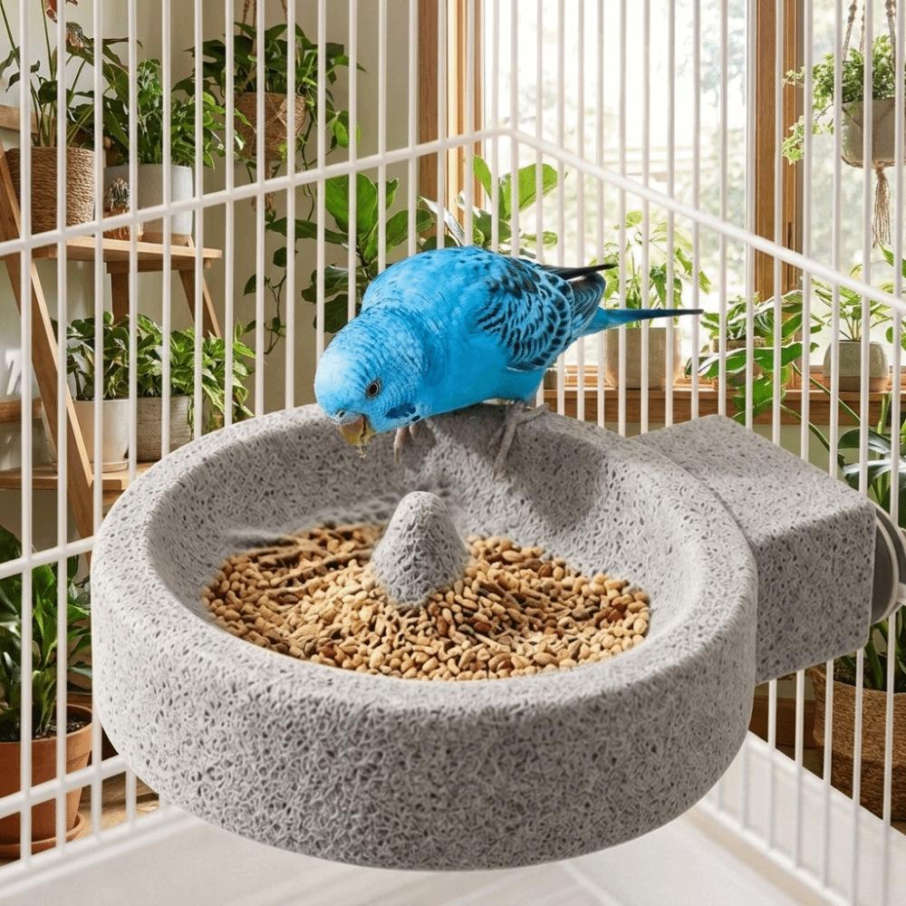 Round Bird Food Bowl Station Pole Anti-Spill Parrot Stone Bowl Cage Accessories