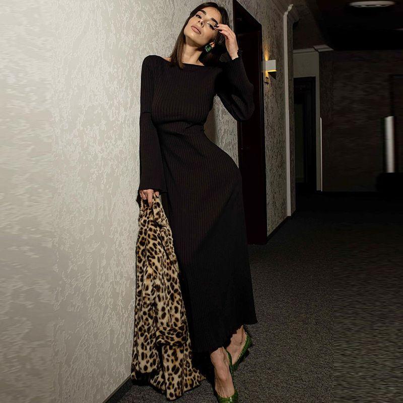 

Fashion Style Women s Clothing 2024 Fall and Winter New Arrival Stylish Open Back Cross Strap Pure Color Long Dress Black L