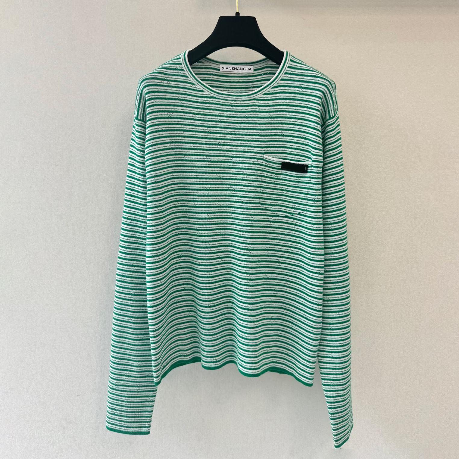 Star same contrasting striped pocket letter logo crew neck long-sleeved knitted sweater women s simple casual loose top S