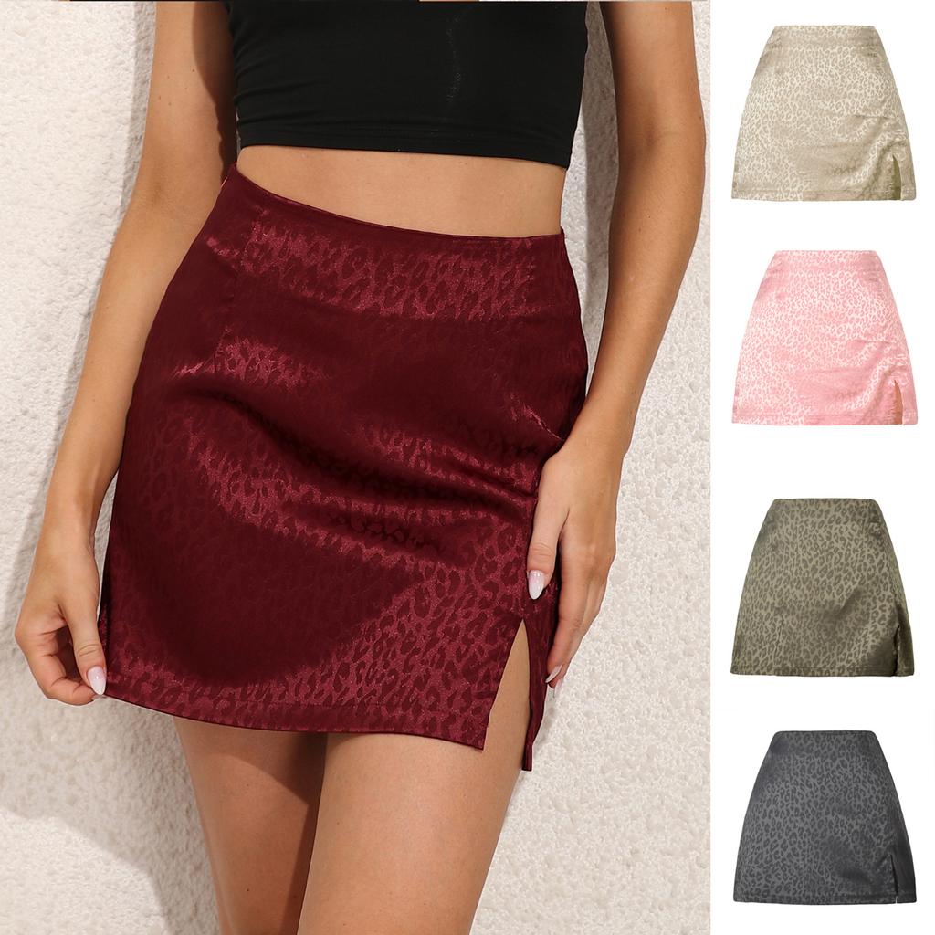 Summer Leopard High Waist Split Skirt Comfortable Elegant and Premium Sexy Jacquard Satin Zipper Halter Women's