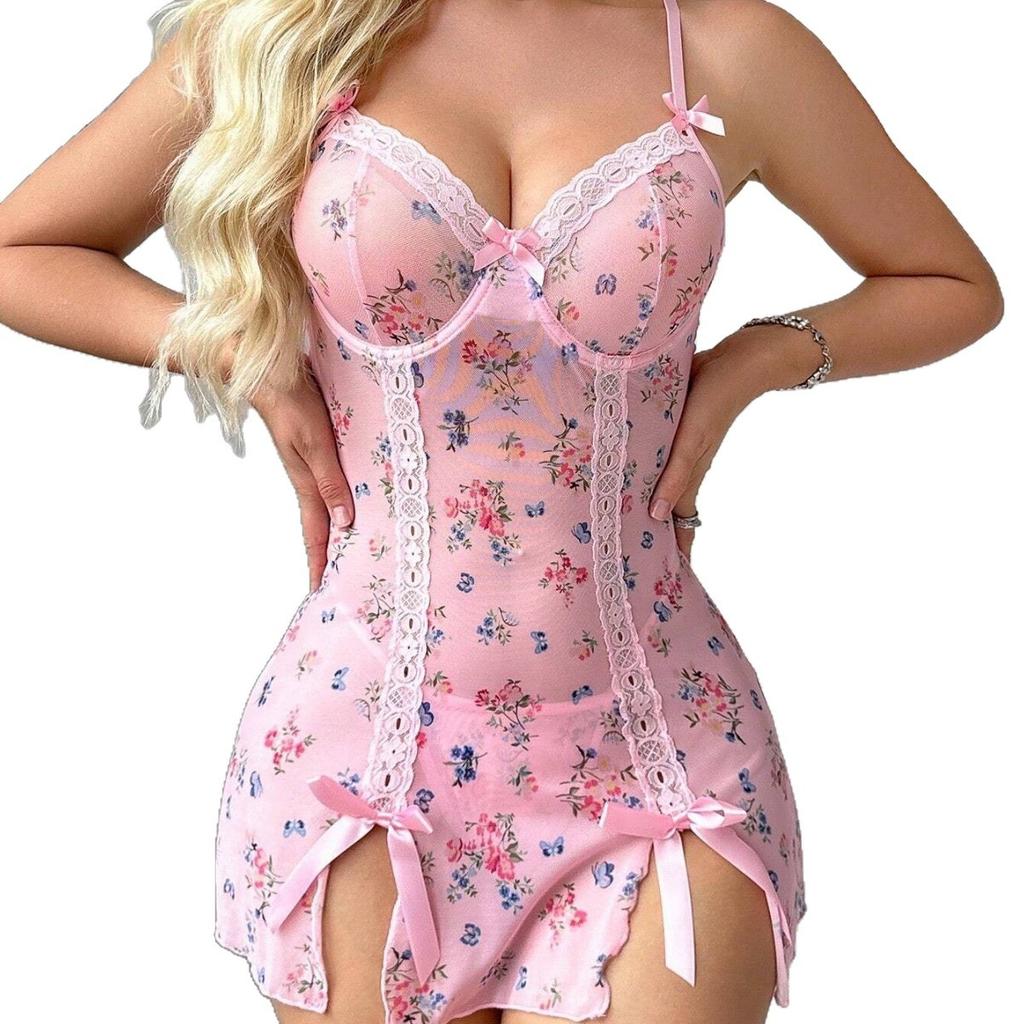 Damska Sukienka do Spania w Stylu Europejskim i Amerykańskim z Kwiatowym Wzorem i Koronkowym Wykończeniem Urocza Nocna Koszula w Czystym Stylu