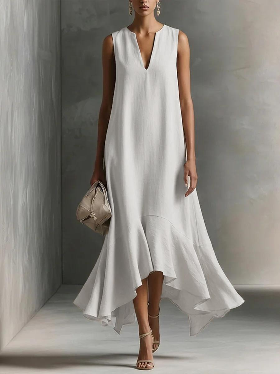 2026 European and American cross-border Amazon new fashionable deep V-neck sleeveless temperament thin hem irregular dress S белый