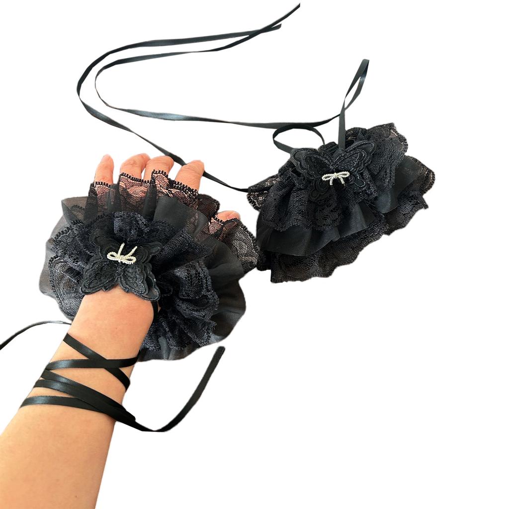 Lolita Ribbon Wrist Cuffs Detachable Wristband Elegant Pleated Lace Brim False Wristband for Balletcore Accessories
