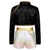 Kids Demon Singer Leader 3 Piece Dance Set Sequins Jacket Crop Top with Shorts Stage Performance Outfit
