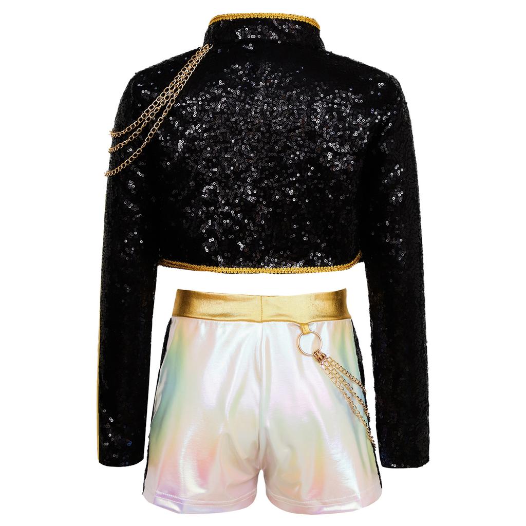 Kids Demon Singer Leader 3 Piece Dance Set Sequins Jacket Crop Top with Shorts Stage Performance Outfit