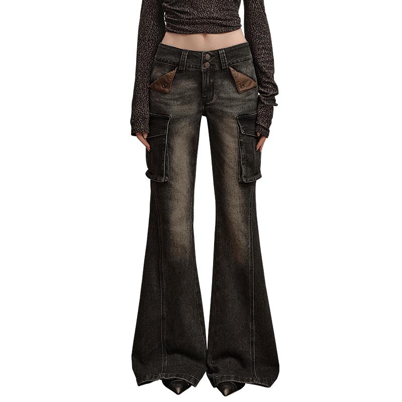 UNIFREE 2025 Autumn Low-Waist Washed Distressed Wide-Leg Flare Jeans