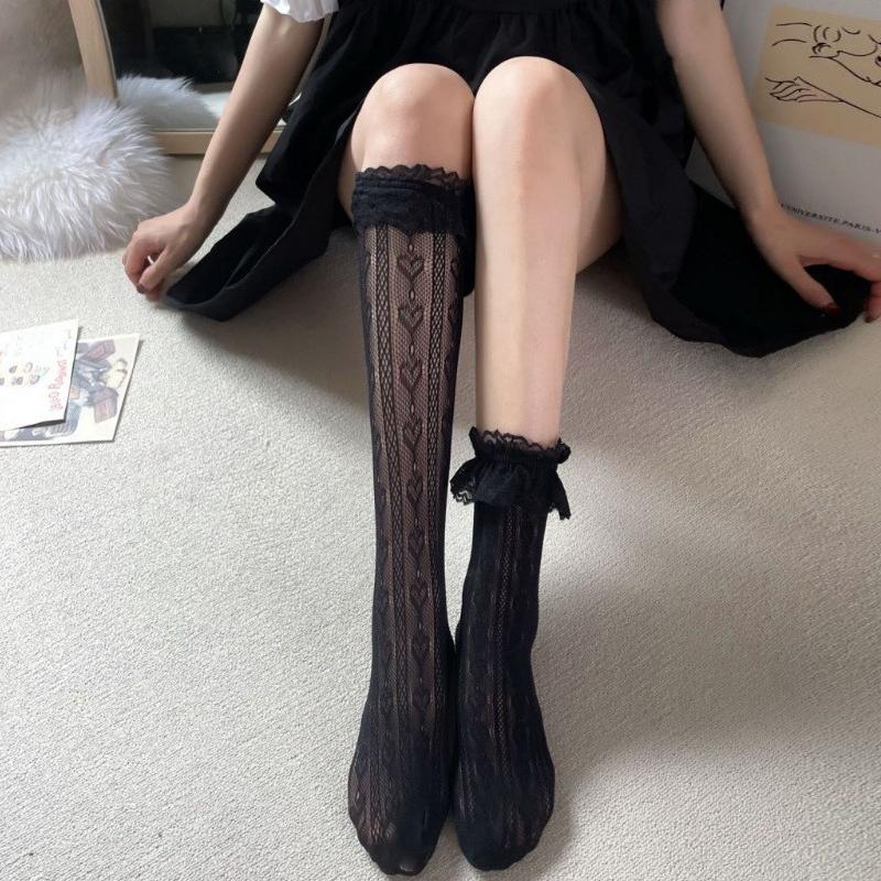 Kave Nero Stile Giapponese Lolita Calzettoni Al Ginocchio Calze da Donna Sexy Pizzo Fiocco Calze Lunghe Calzettoni Autoreggenti Ragazze Dolci
