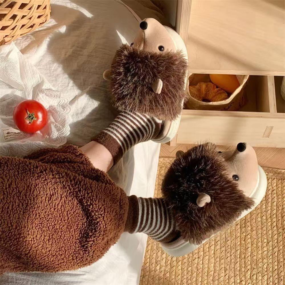 Cotton slippers women wear cartoon hedgehog home non-slip flat bottom autumn and winter warm plush slippers women cotton drag