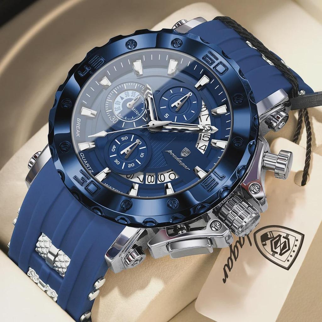 POEDAGAR Men's Silicone Band Sport Watch Chronograph Quartz Waterproof Luminous Hands Casual Wristwatch Male Gift